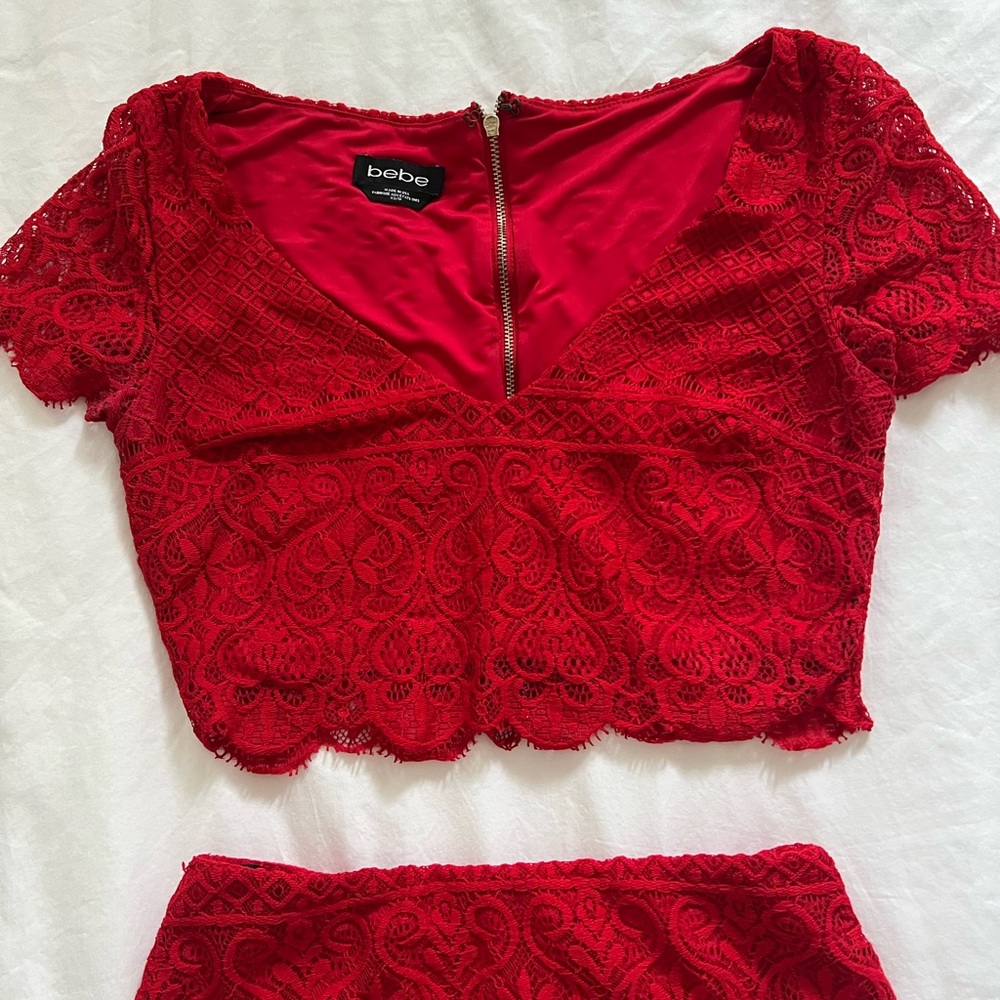 Bebe Red Lace 2-piece skirt and crop set